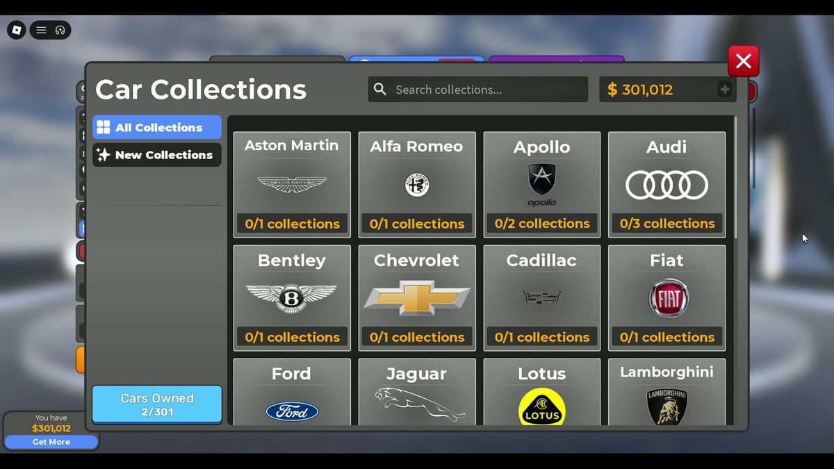 Collections: 2 of 301 owned. Separate sub-collections by brand (Audi 0/3, Lamborghini 0/4,