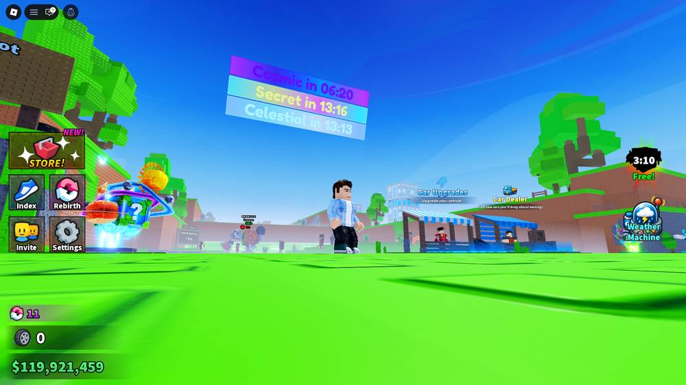 Overworld with Car Dealer and Car Upgrades signs and Cosmic/Secret/Celestial countdown timers