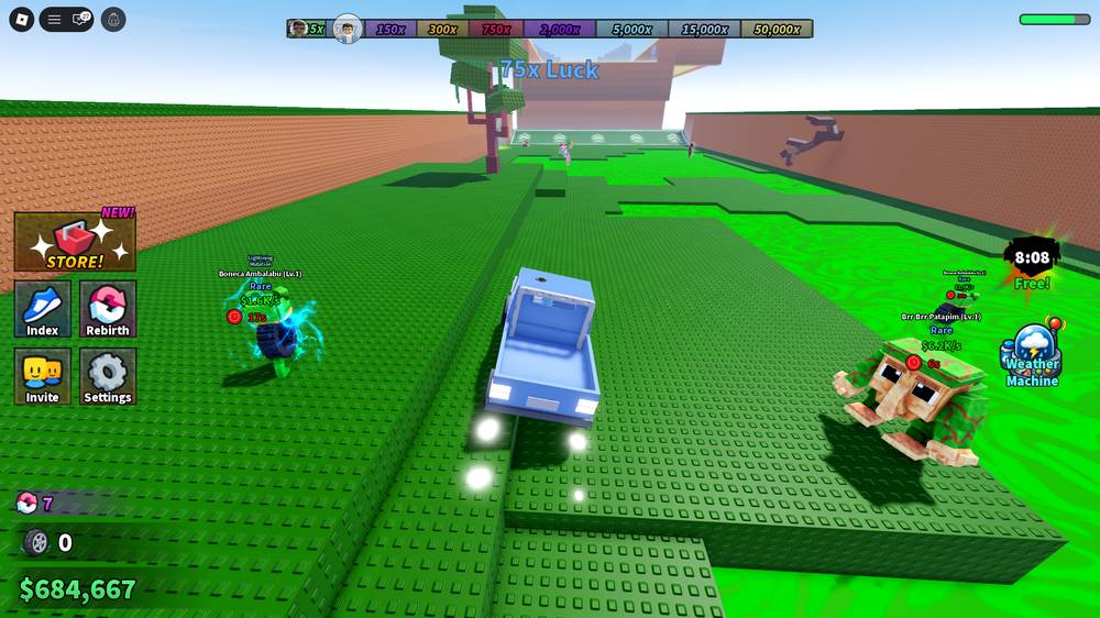 Pickup driving the green biome, headlights glowing, a lightning-mutation brainrot nearby