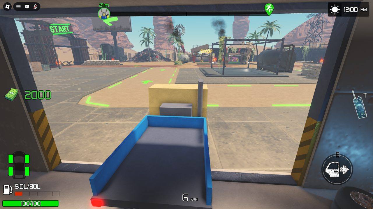 <b>The route, top-of-screen.</b> A distance bar with the player at one end and the green escape marker at the far end. Drive toward the marker; the metres tick down as you progress. The HUD reads like a road trip: cash, ammo, fuel gauge, vehicle damage panel, KPH.