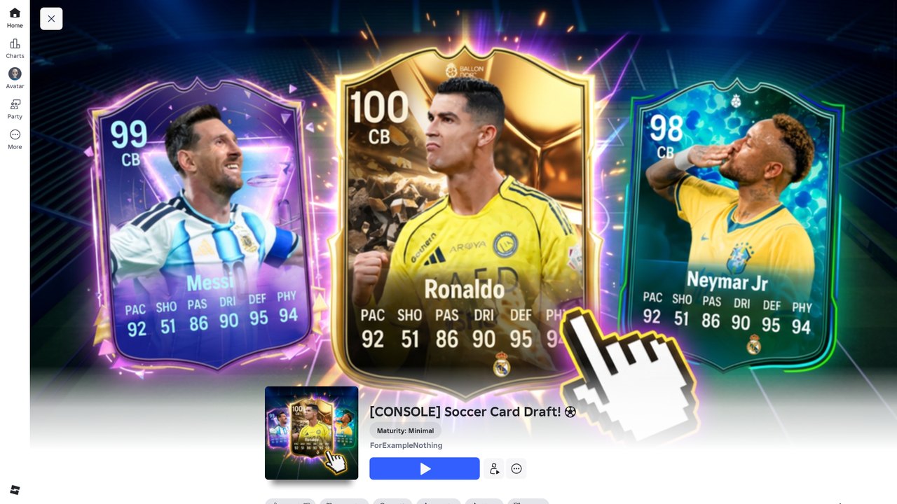 Roblox storefront: three EA FC-style cards — Messi 99, Ronaldo 100, Neymar 98 — and the title [CONSOLE] Soccer Card Draft!