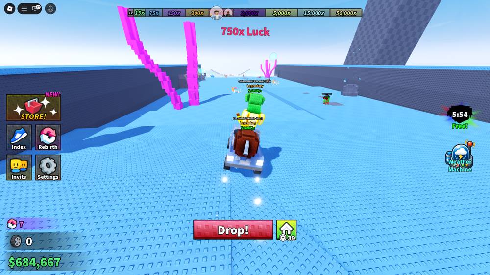 Driving across the flooded water biome at 750x luck with the Drop button visible