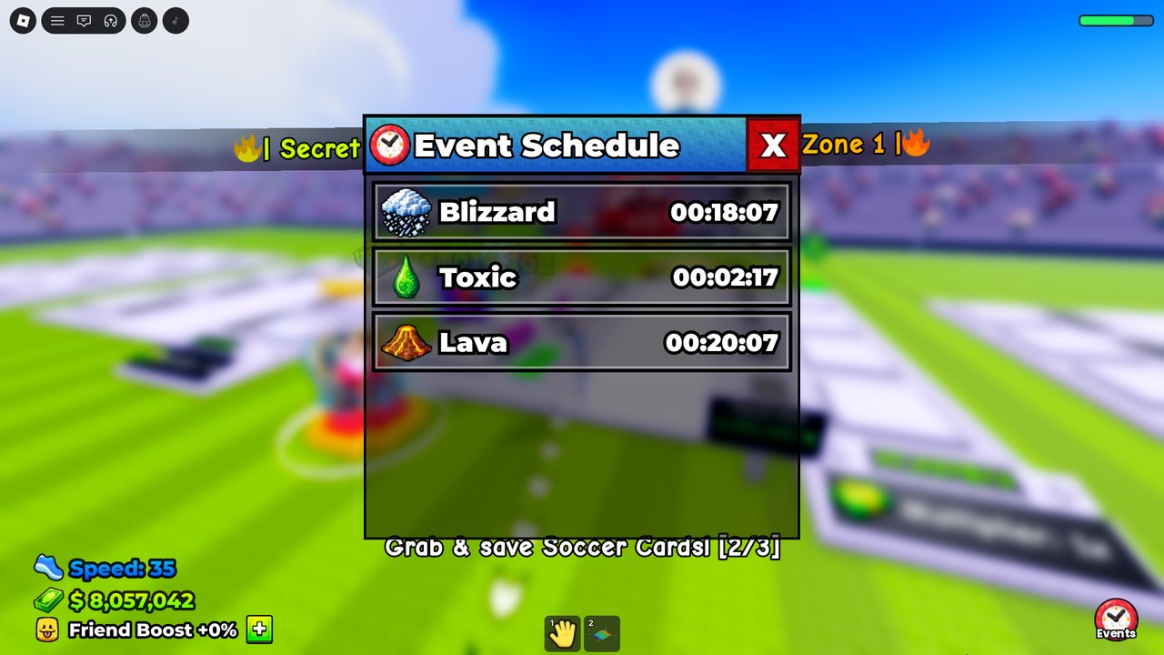 The event schedule: Blizzard 18:07, Toxic 02:17, Lava 20:07
