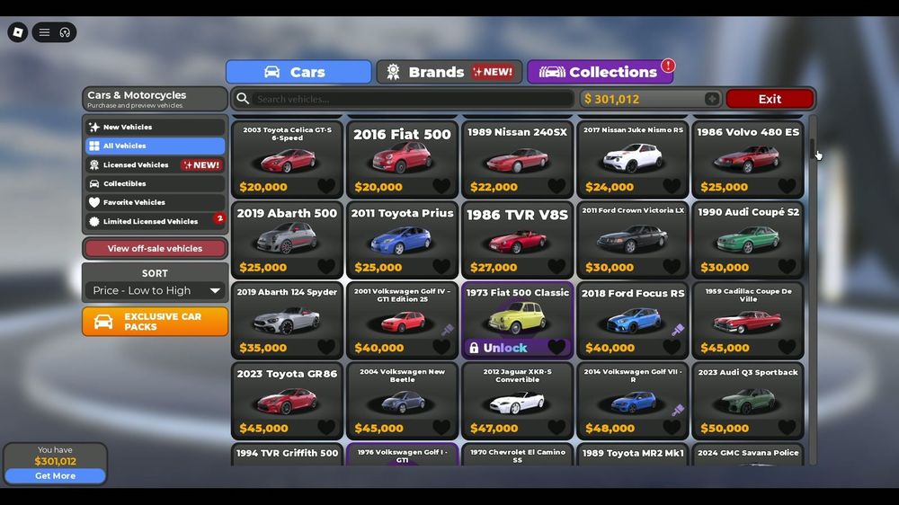 Buy Cars catalog, tabs Cars / Brands / Collections, sort Price Low→High. Entry tier: Toyot