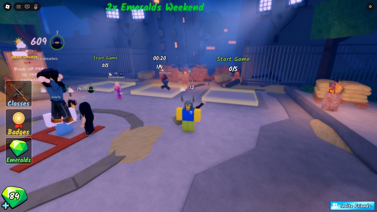 The lobby is the monetization hub: Emeralds are the premium currency (purchasable with Robux), surfaced via a