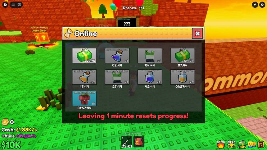 Online playtime rewards with a warning that leaving resets progress