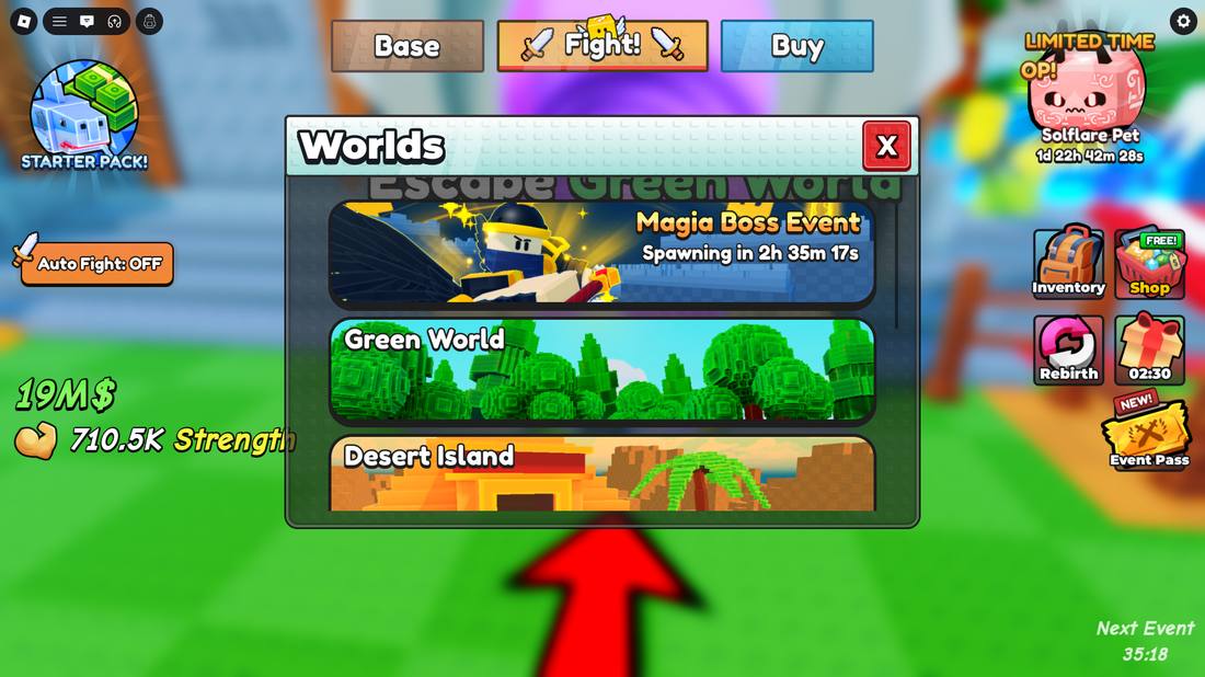 Worlds menu with Magia Boss Event, Green World, Desert Island