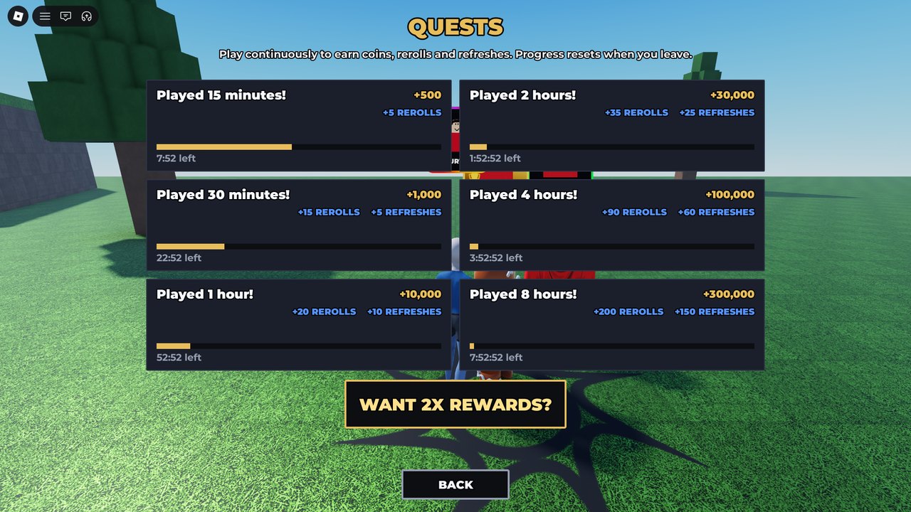 The QUESTS screen: six rungs from 15 minutes to 8 hours, with the line Progress resets when you leave