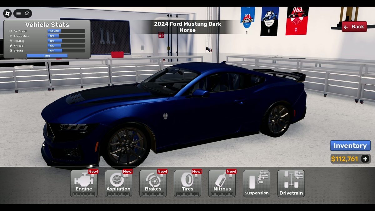 Seven upgrade categories, all tagged New!: Engine, Aspiration, Brakes, Tires, Nitrous, Sus