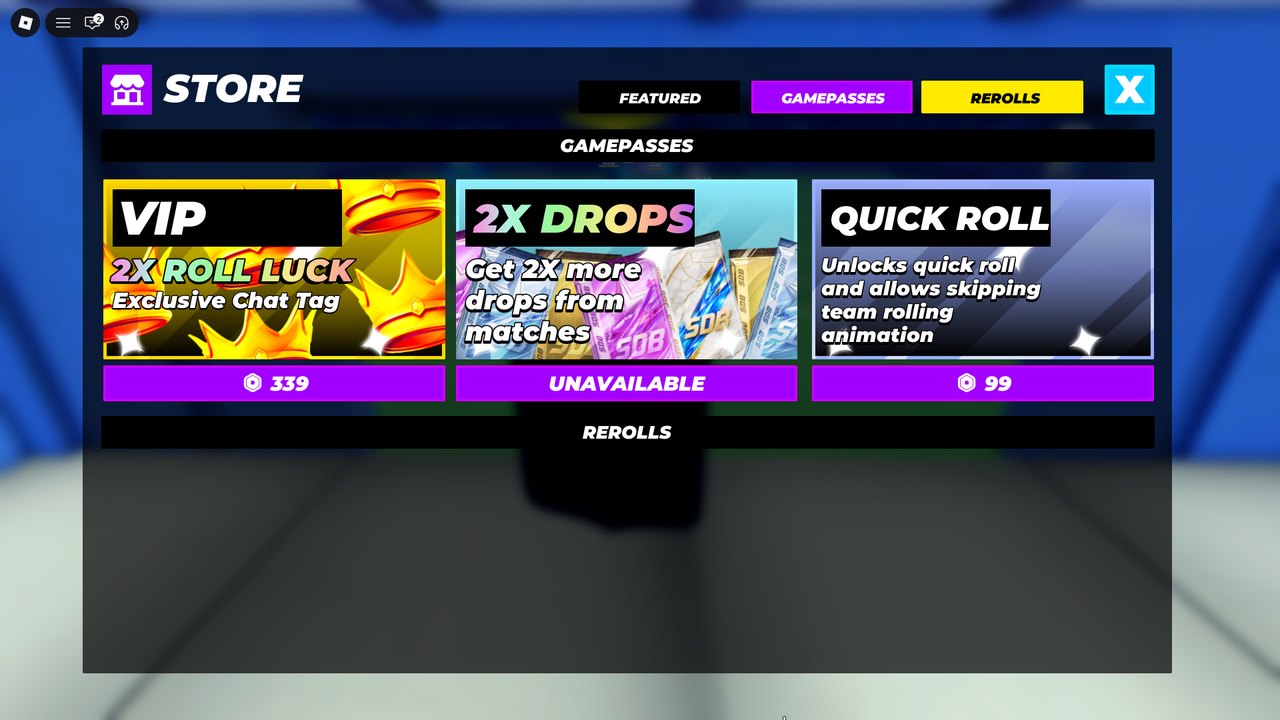 GAMEPASSES tab: VIP ◈339, 2X Drops UNAVAILABLE, Quick Roll ◈99