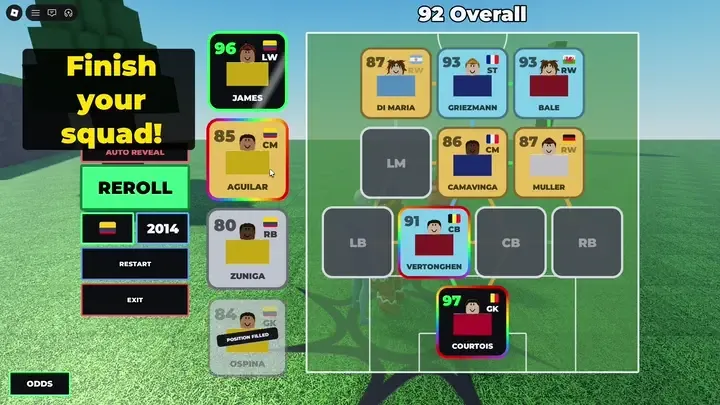 The build screen: candidate cards on the left, the 4-3-3 grid on the right, Overall 92 in the header