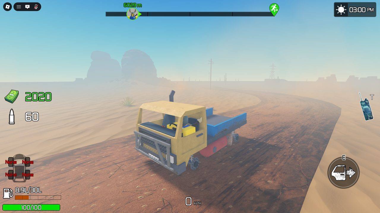 <b>Off-road physics.</b> Cresting a dune at 40 KPH, dust kicking up, raiders scattered around. The arcade body is forgiving enough to be fun but heavy enough to demand respect on terrain.