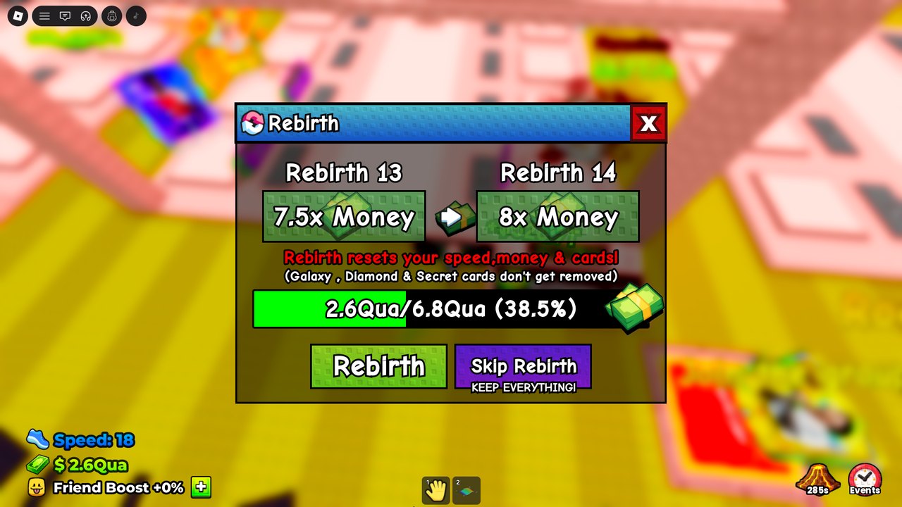 The Rebirth 13 to 14 window: multiplier 7.5x going to 8x, with a Skip Rebirth button