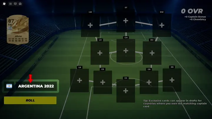 Draft: empty 4-3-3, Argentina 2022 rolled, the ROLL button, 0 OVR