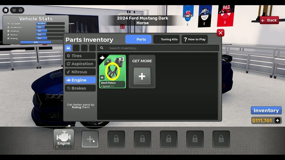 Parts Inventory: a Steel Piston part with the Speed++ modifier, a GET MORE button and the 