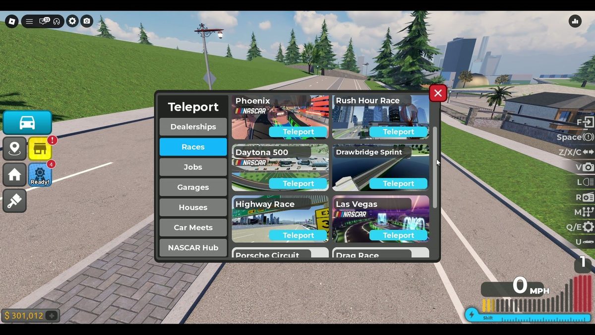 Teleport menu: Races (Phoenix Rush Hour, Daytona 500, NASCAR, Drawbridge Sprint, Highway R