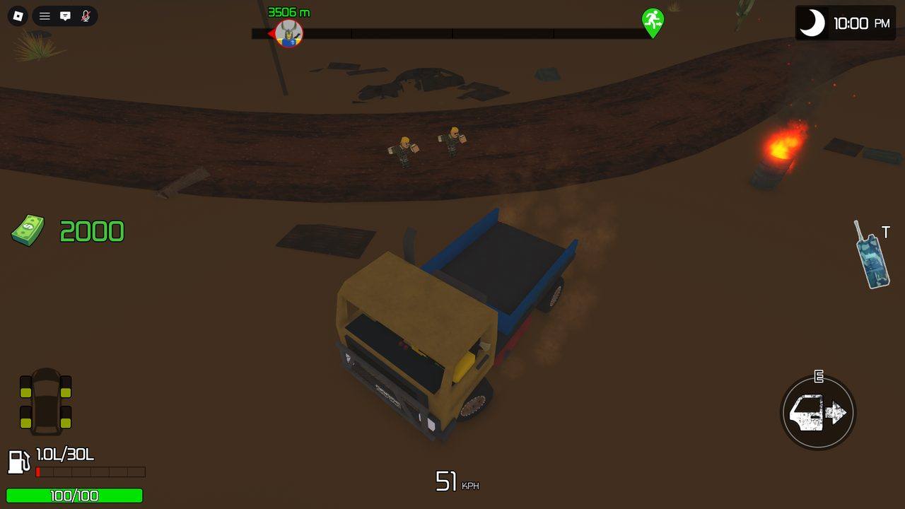 <b>Night fall.</b> 06:00 PM, headlights on, the desert going dark. The cycle is the game's tension dial &mdash; players learn to push distance in daylight and hunker down or speed through at night.