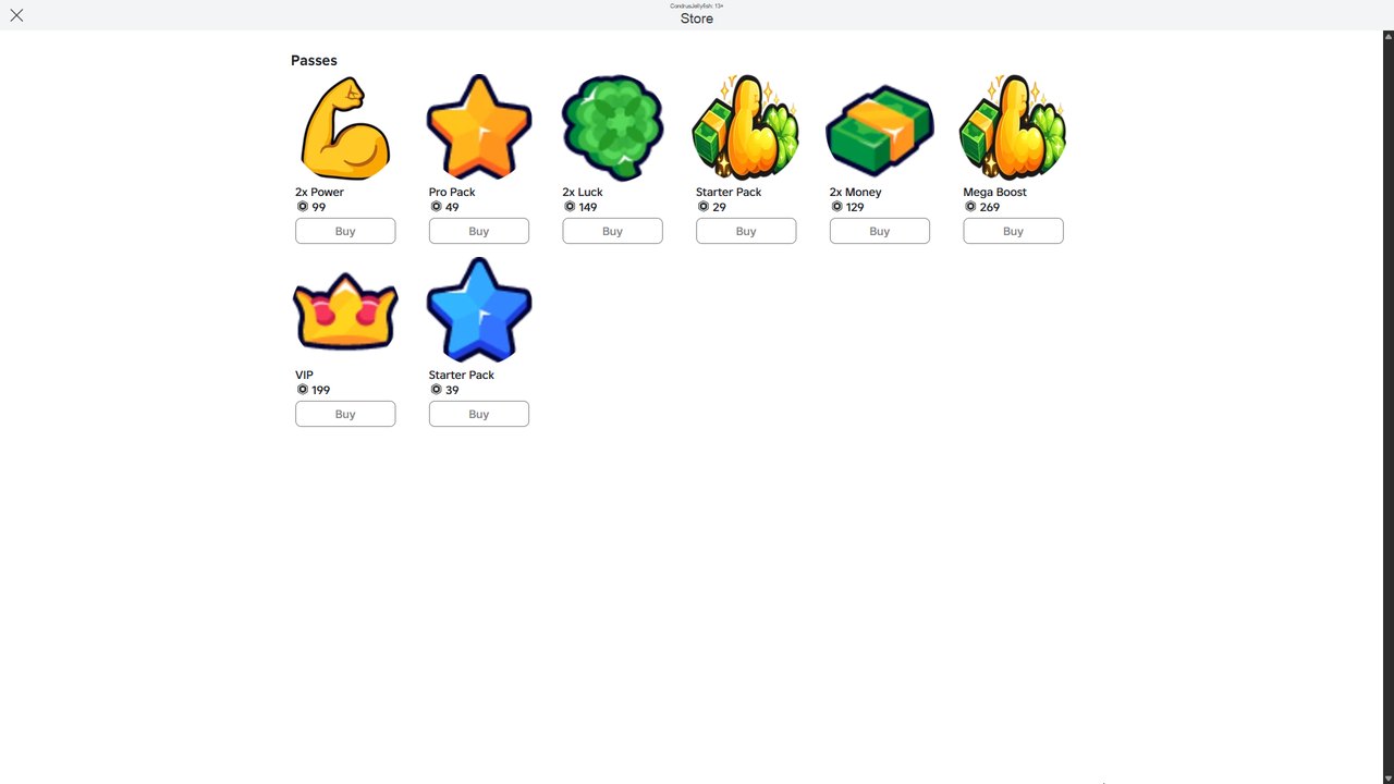 Passes shop: 2x Power ◈99, Pro Pack ◈49, 2x Luck ◈149, Starter ◈29/39, 2x Money ◈129, Mega ◈269, VIP ◈199