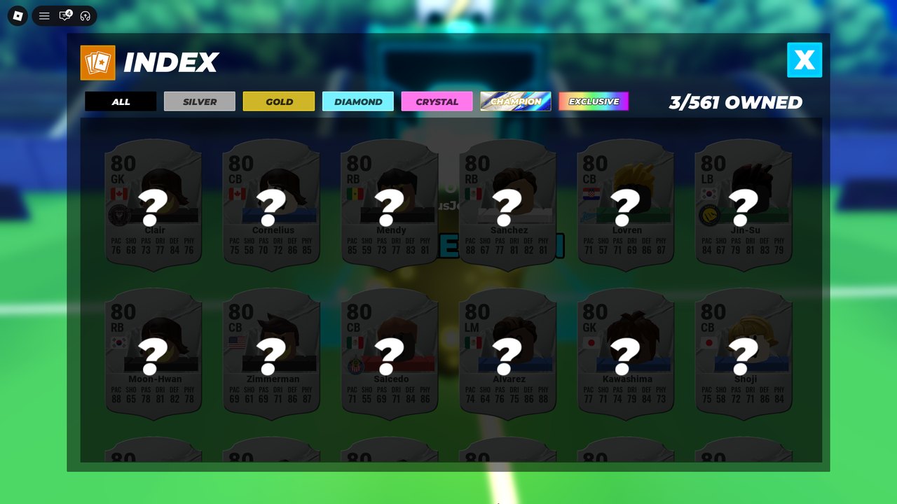INDEX screen: 3 of 561 owned, tier tabs, a grid of unowned 80 OVR base cards