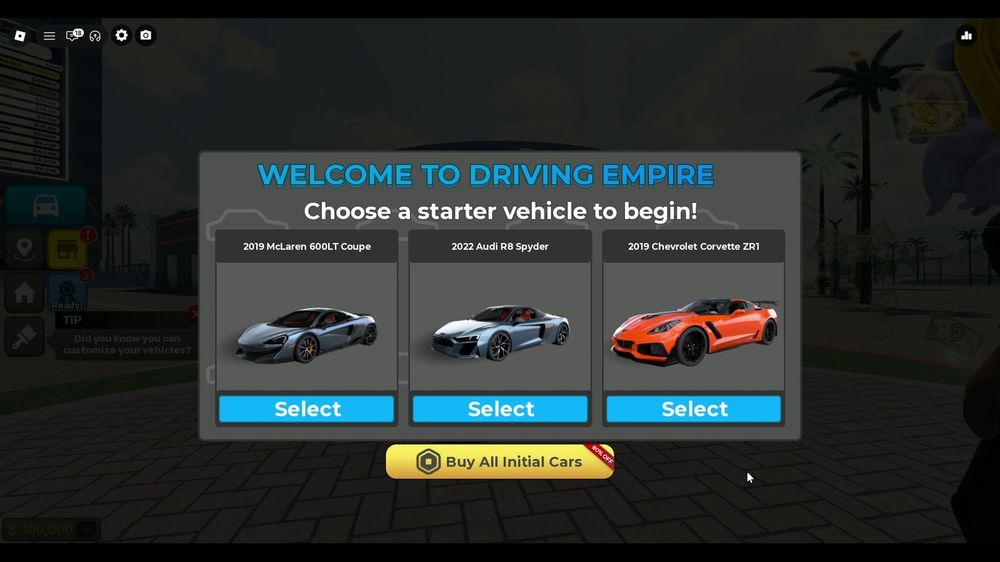 WELCOME TO DRIVING EMPIRE — pick a starter car: 2019 McLaren 600LT, 2022 Audi R8 Spyder, 2