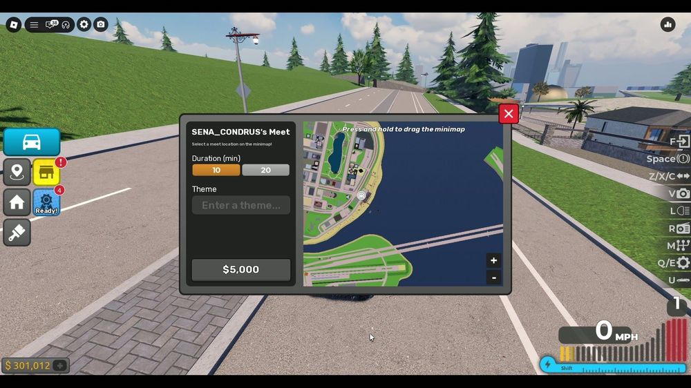 Car Meets: the player creates a meet — picks a spot on the minimap, a duration (10/20 min)