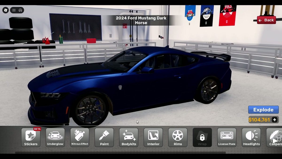 Appearance tabs: Wrap, Rims, Stickers, Underglow, Paint, Bodykits, Interior, Headlights, N
