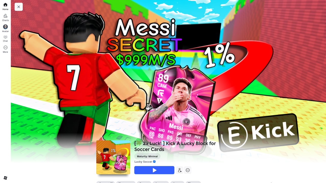 Roblox storefront: Messi SECRET $999M/s 1%, an EA FC Messi 89 CAM card and an [E] Kick prompt