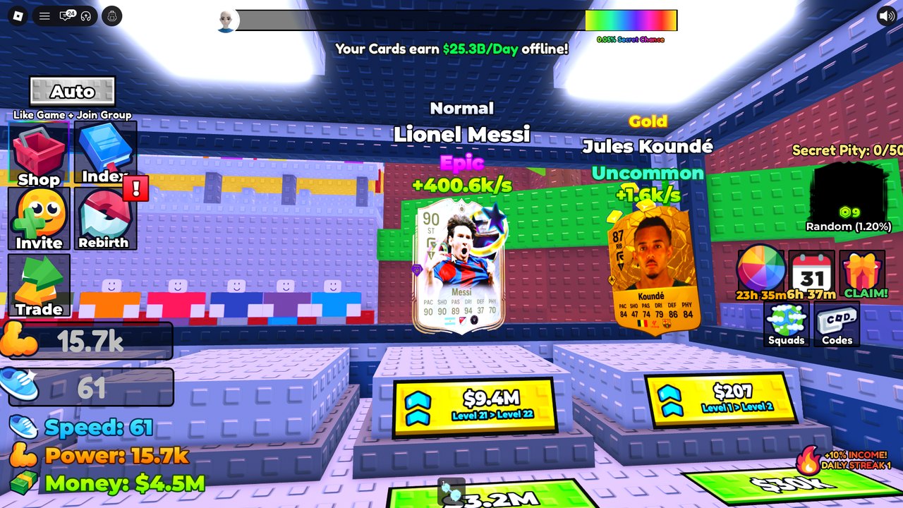 Plot: Messi cards +400.6k/s, offline $25.3B/Day, pedestal $9.4M Level 21>22