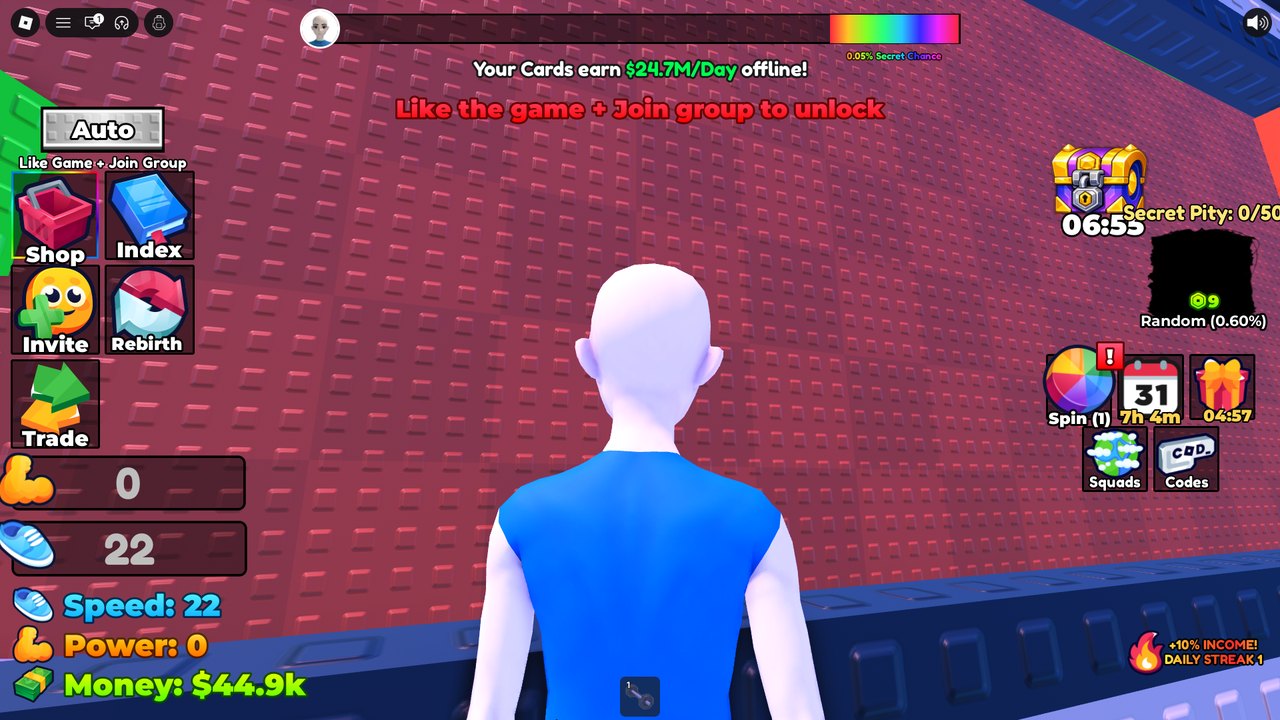 HUD: offline income, Secret Pity 0/50, spin, calendar, gift, chest, Daily Streak +10%