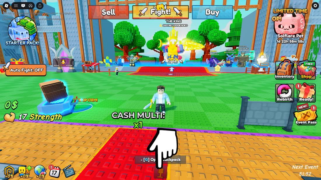Spawn state with 0$, 17 Strength, free OP item pedestal and tutorial pointer