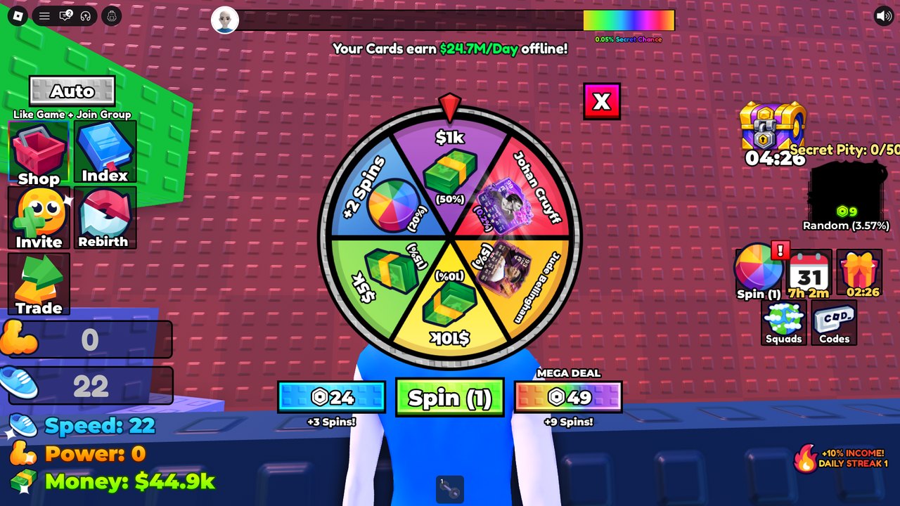 Spin wheel: odds 50% $1k, 20% +2 spins, 15% $5k, 10% $10k, 5% Bellingham, 0.2% Cruyff