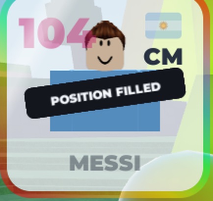 An Icon card: 104 CM Messi, Argentina, pink number and rainbow border, with a POSITION FILLED strip across it