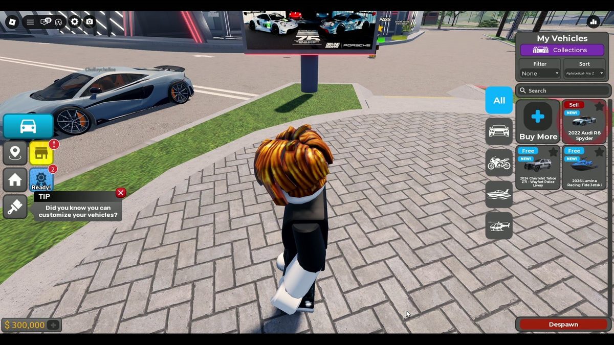 My Vehicles: the chosen Audi R8 Spyder, the free Lumina Jetski and Livery, filters Collect