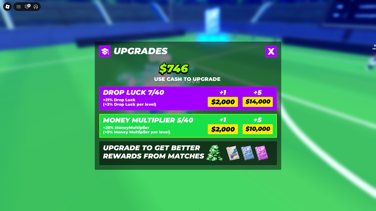 UPGRADES menu later: Drop Luck 7/40 +21%, price +1 $2,000 / +5 $14,000