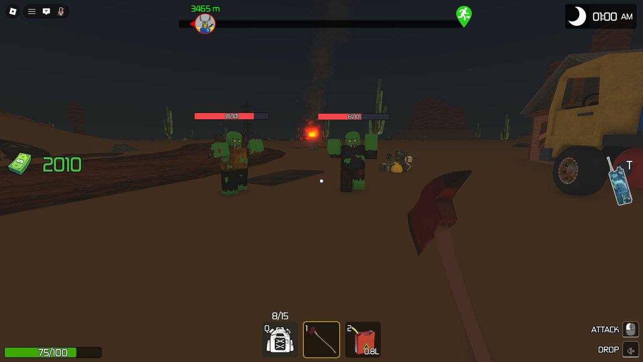 <b>Melee fallback.</b> Two zombies (101 HP bars) at 01:00 AM, faced down with an axe because no gun is equipped. With weapons scarce, the axe and the truck bumper do most of the early work.