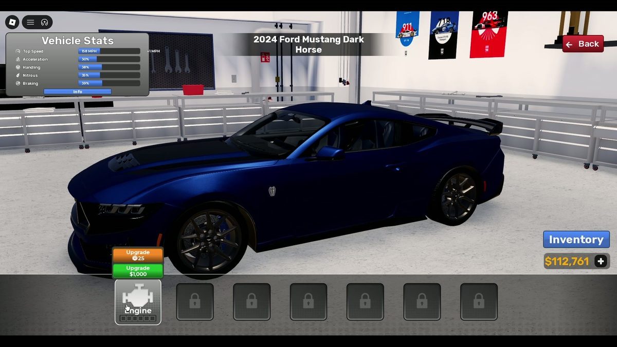 Tuning screen (2024 Ford Mustang Dark Horse): Vehicle Stats — Top Speed 158 MPH (on hover 