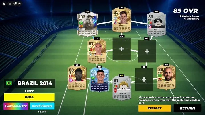 Draft in progress: Brazil 2014, squad partly built, Neymar 103, ROLL 1 LEFT, Reroll Players