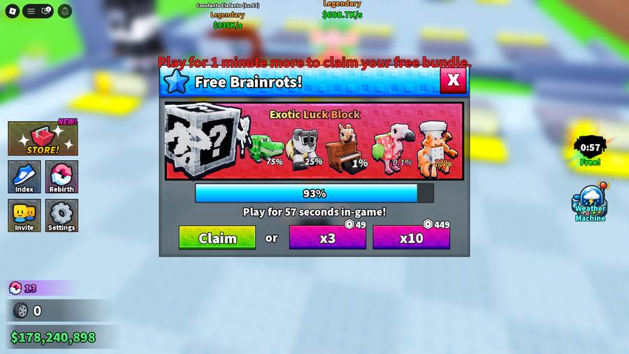 Free Brainrots popup showing an Exotic Luck Block with drop-rate odds