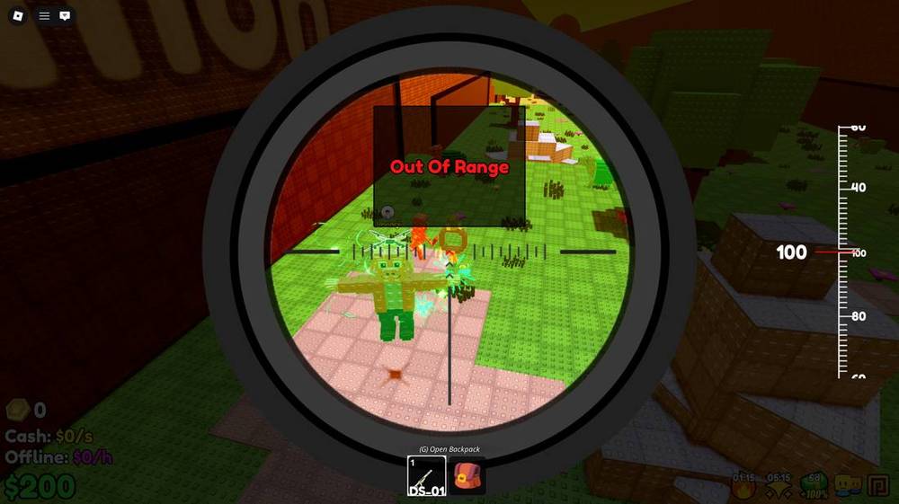 Scope view showing Out Of Range in red over a target