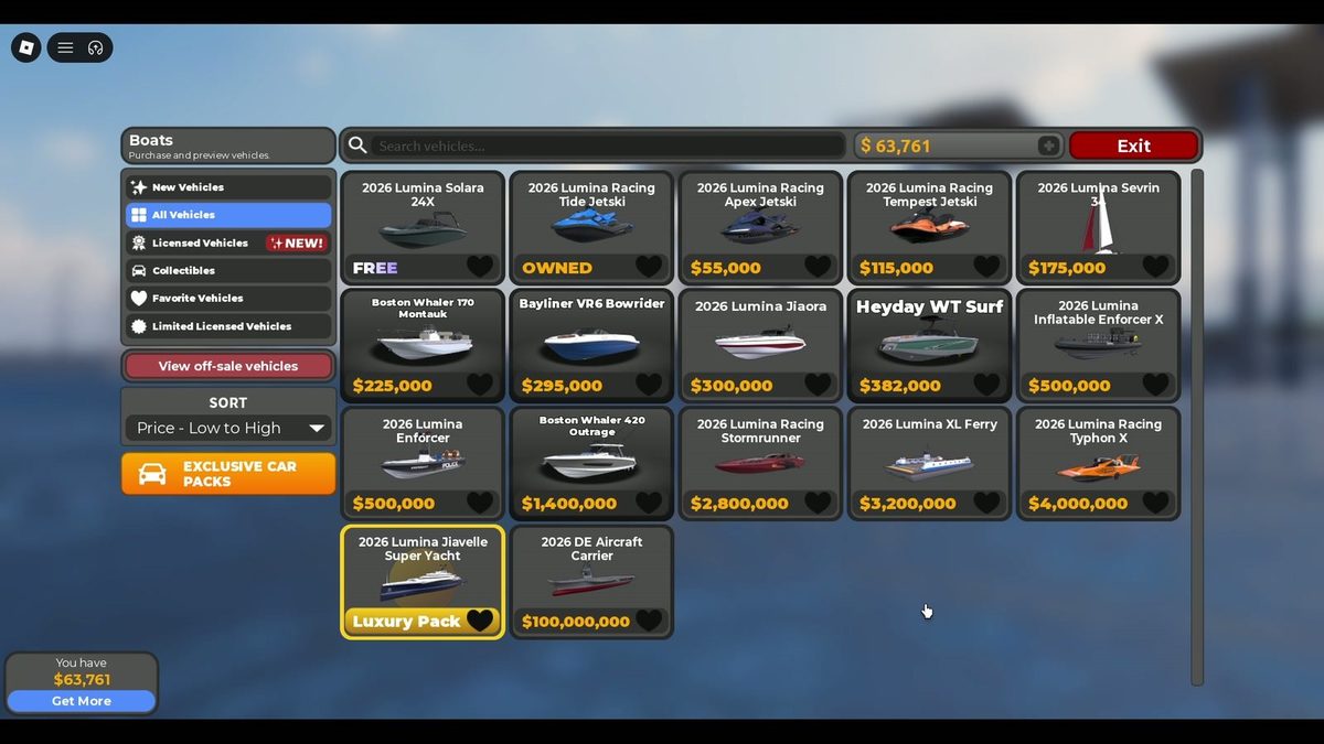 Boat catalog: the Tide Jetski is free, then $55,000 → $4,000,000, and at the very top a Su