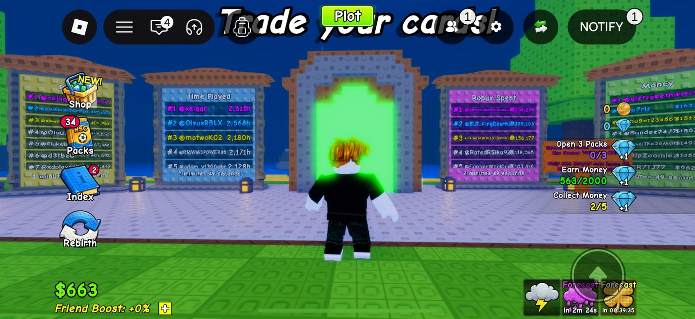 The leaderboard wall — Time Played and Robux Spent, both flexed publicly