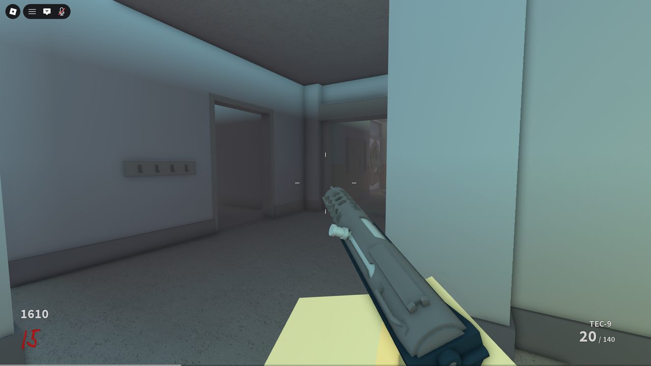 <b>TEC-9 (20/140).</b> One of many box / wall weapons. Mag-and-reserve counts make ammo a managed resource every round.