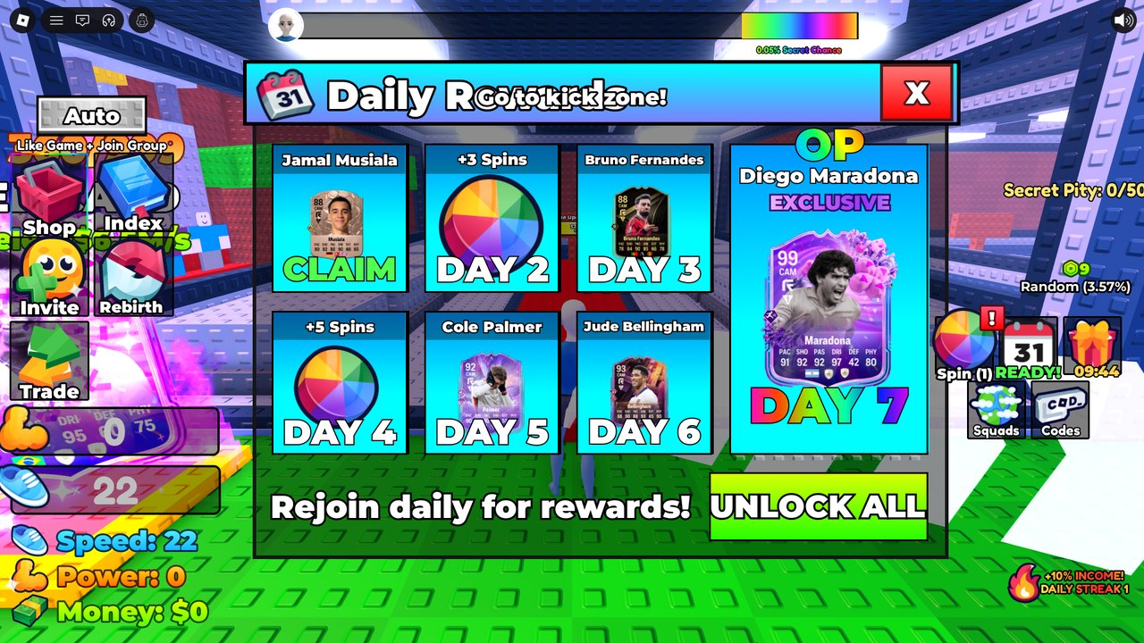 7-day calendar: D1 Musiala 88 … D7 Maradona 99 EXCLUSIVE, UNLOCK ALL