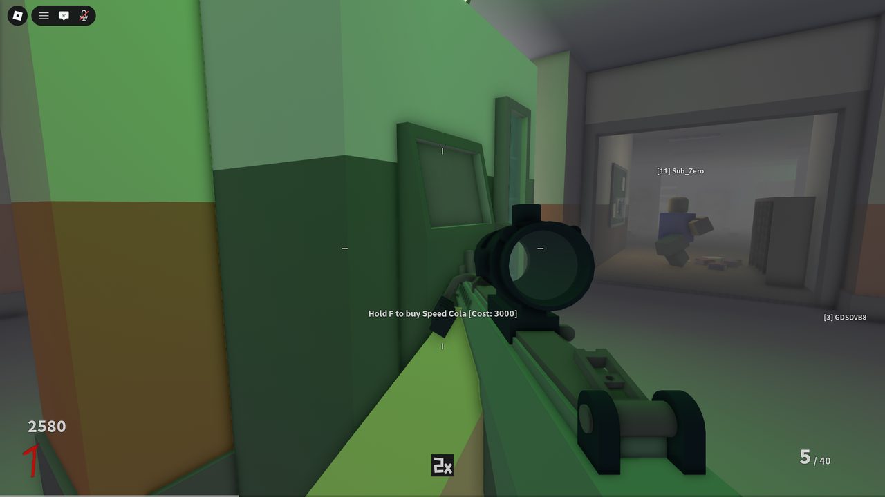 <b>Scoped rifle, ADS.</b> Aiming down a magnified optic mid-fight while a wall-buy prompt (