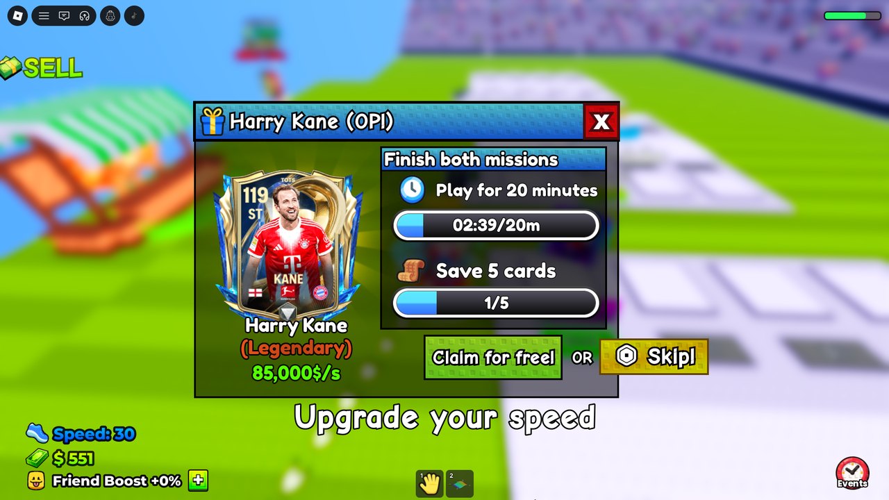 The Harry Kane OP mission: play 20 minutes and save 5 cards, with Claim for free and Skip buttons