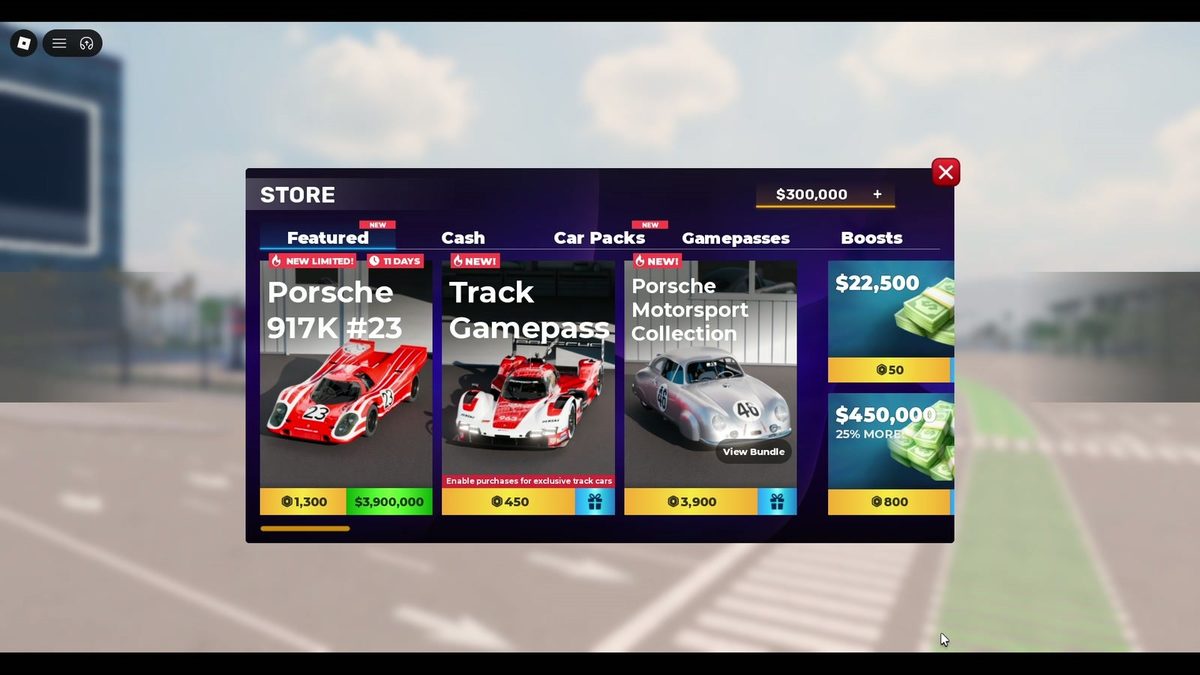 The shop on entry: balance $300,000, tabs Featured / Cash / Car Packs / Gamepasses / Boost