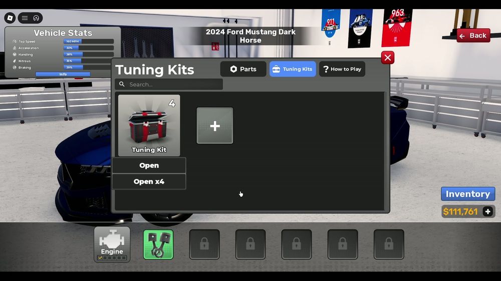 The Tuning Kits tab inside tuning: kits open with Open or Open x4 — the same gacha as the 