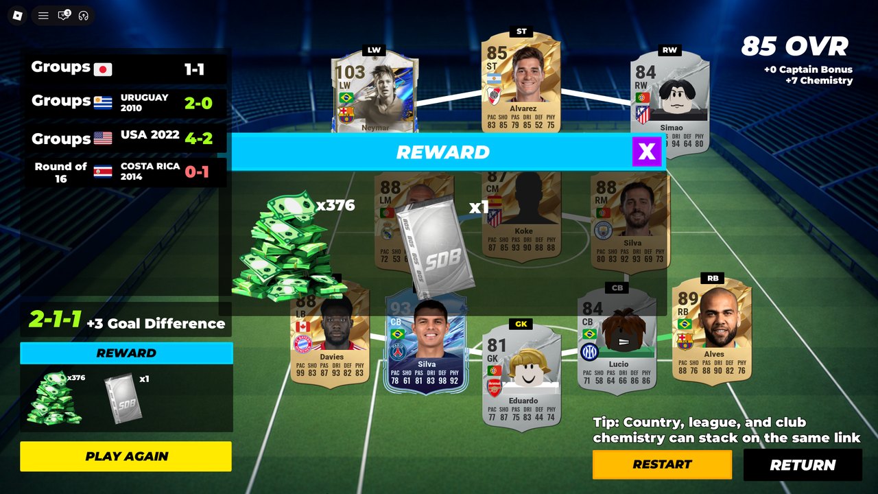 Cup result: a match bracket, a 2-1-1 +3 record, reward x376 cash and an SDB silver pack