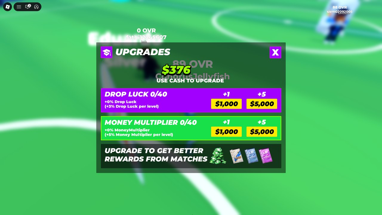 UPGRADES menu: Drop Luck 0/40 and Money Multiplier 0/40, prices +1 $1,000 / +5 $5,000