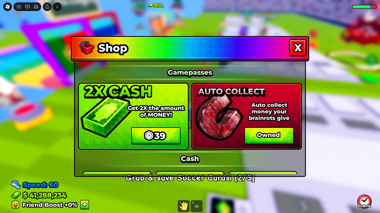 Gamepasses: 2X Cash and Auto Collect with a description mentioning brainrots
